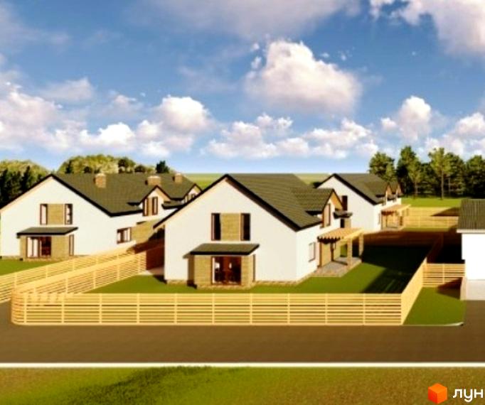 Зовнішній вигляд будинків котеджного містечка Sunrise Village з дерев'яним парканом та зеленими насадженнями.