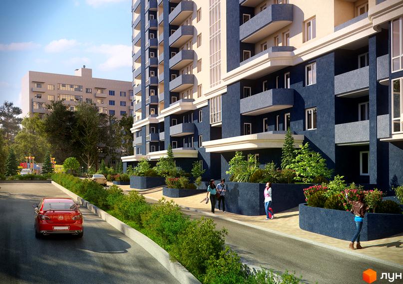 Зображення фасаду та прибудинкової території Житлового комплексу Старокиївський. Вигляд новобудови та пішохідної зони з озелененням.