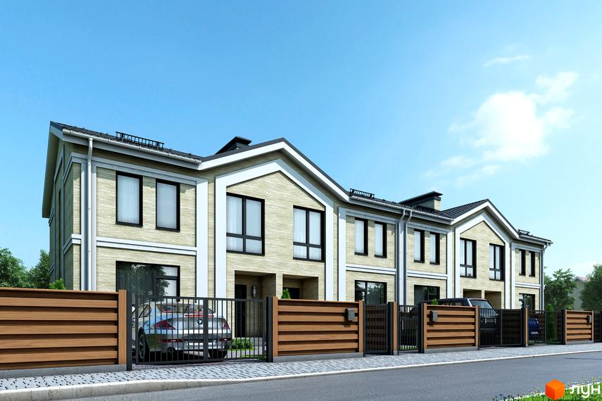 Таунхауси Travertino: фасади світлої цегли, великі вікна, огороджена територія з парканом та автомобілем.