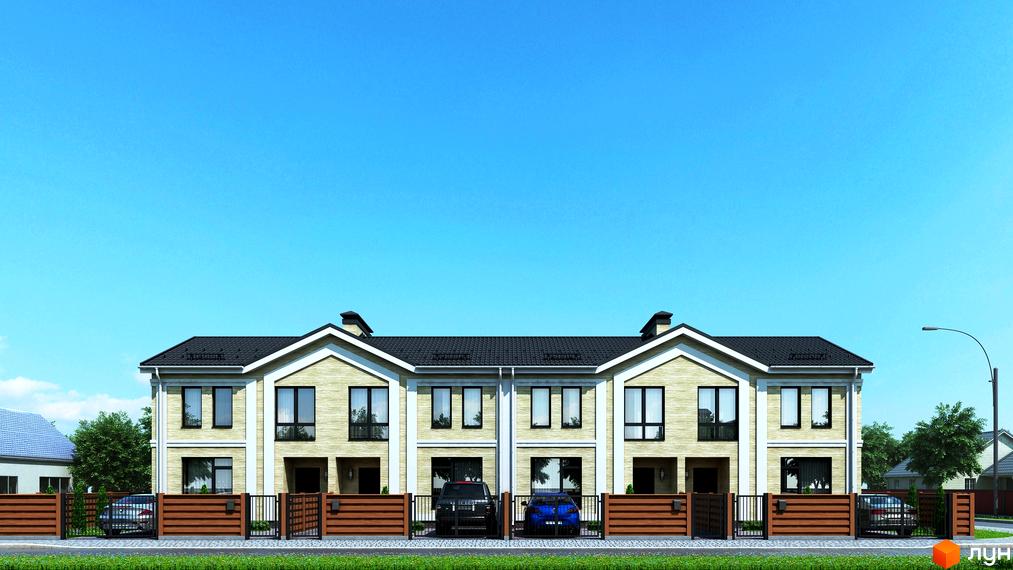 Таунхауси Travertino: Блок двоповерхових таунхаусів з піщаними фасадами та чорними дахами. Прибудинкова територія має паркани та місця для авто.