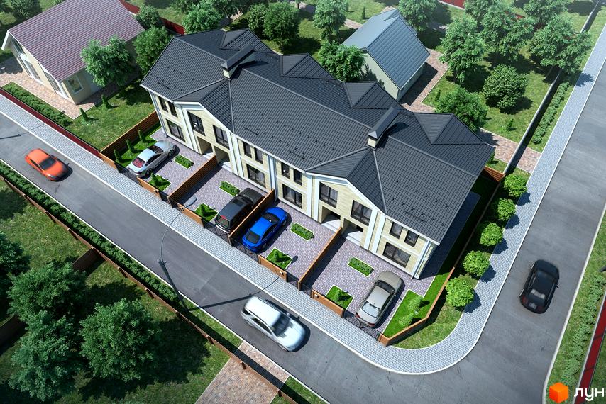 Таунхауси Travertino: фасади з світлої цегли та темний дах, прибудинкова територія з парковкою та зеленими насадженнями.