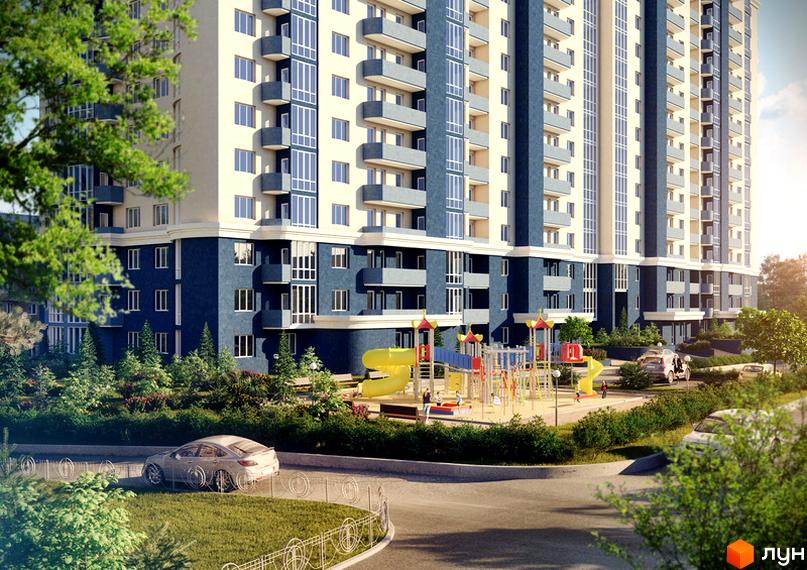 Зображення фасаду Житлового комплексу Старокиївський та дитячого майданчика. Вигляд багатоповерхового будинку з прибудинковою територією.