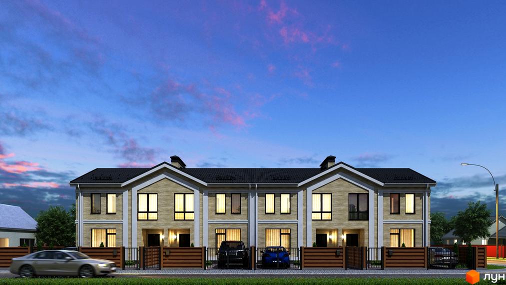 Таунхауси Travertino: ряд будинків з бежевим фасадом та чорними дахами. Перед будинками є огорожі та місця для паркування авто.