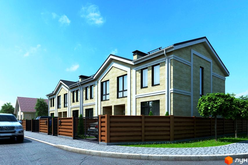 Таунхауси Travertino. Фасади будинків оздоблені світлою цеглою, з контрастними білими елементами та темними вікнами. Прибудинкова територія огороджена дерев'яним парканом з кованими секціями.