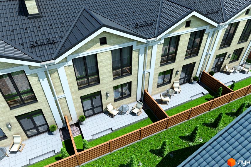 Таунхауси Travertino: двоповерхові будинки зі світлими фасадами та темними дахами. Приватні тераси з меблями та зелені газони, розділені огорожами.