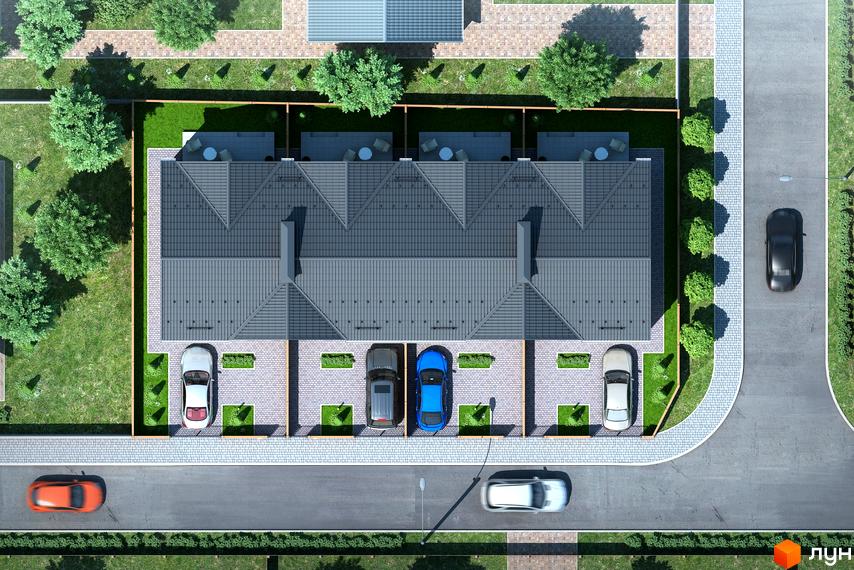 Аерофотознімок таунхаусів Travertino з чотирма секціями та сірими дахами. Прибудинкова територія включає парковки та задні дворики з газоном.