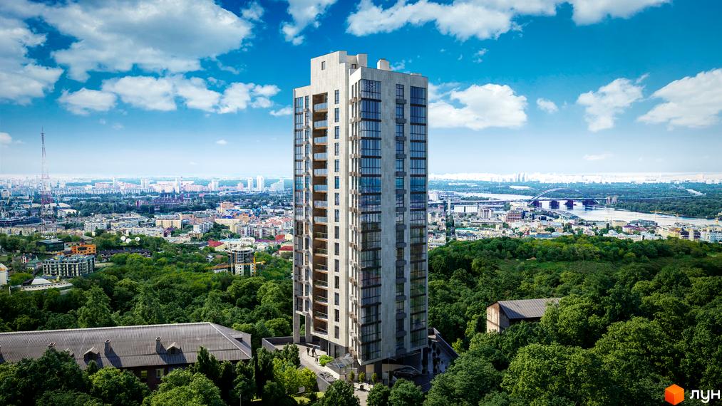 Висотна будівля Клубний будинок Concordia на фоні міського пейзажу. Простора прибудинкова територія з зеленими насадженнями.