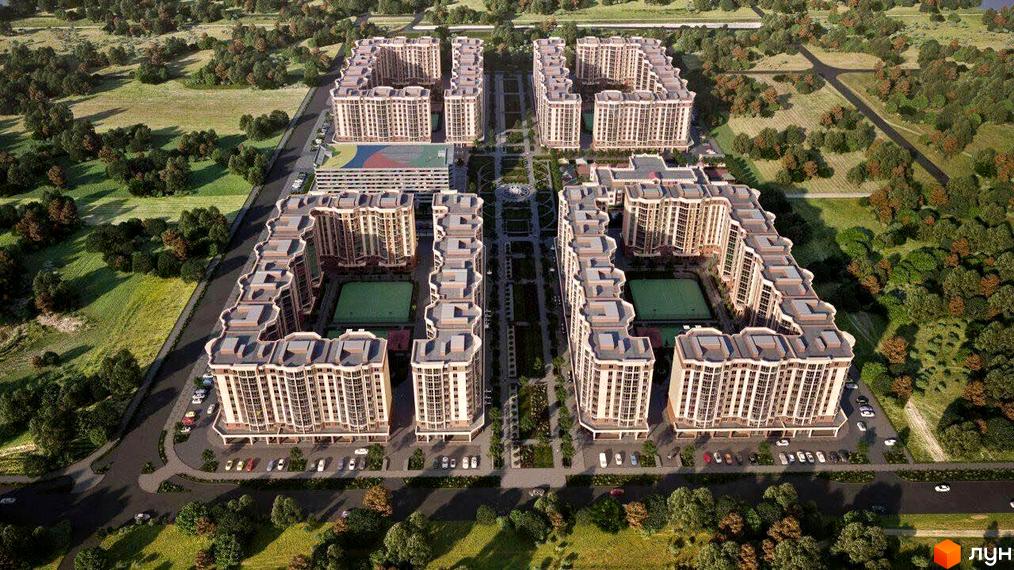 Вид на житловий комплекс Sofia Nova з висоти пташиного польоту. Комплекс складається з кількох багатоповерхових будинків з внутрішніми дворами та зеленими зонами.