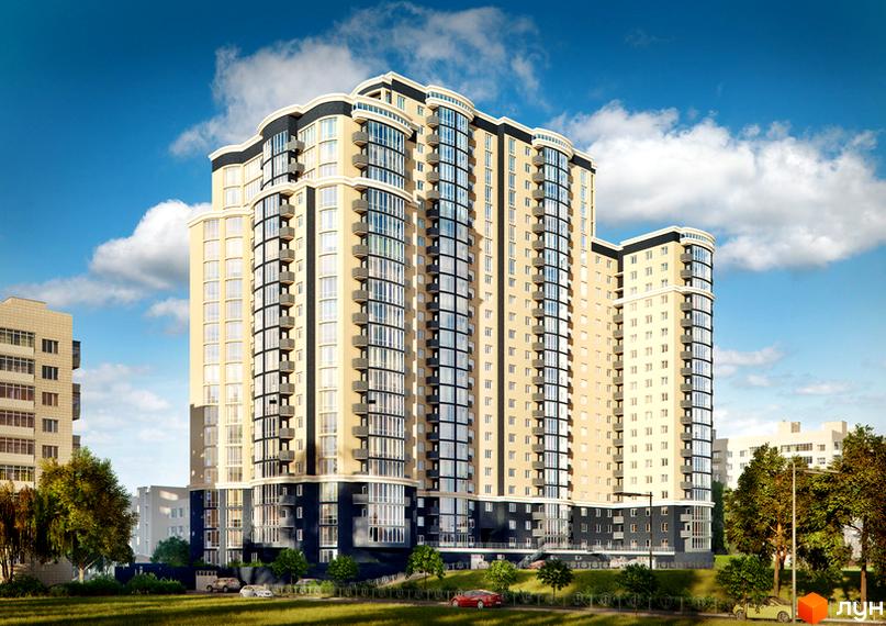 Зображення фасаду Житлового комплексу Старокиївський. Висотна будівля з великою кількістю вікон та балконів, навколо зелена територія.