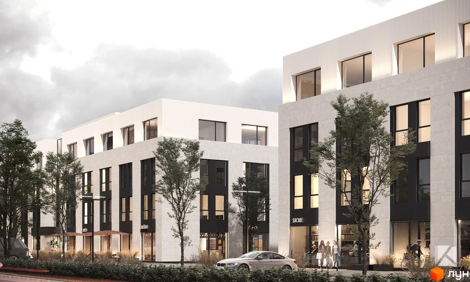 Новобудова ЖК Квадрат з кам'яним фасадом та великими вікнами, оточена деревами та зеленню.