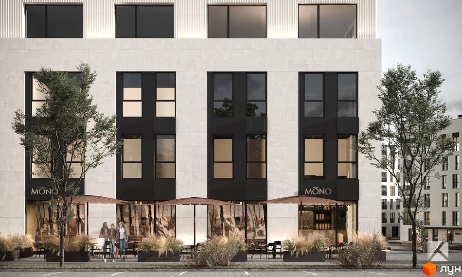 Фасад житлового комплексу Квадрат з великими вікнами та комерційними приміщеннями на першому поверсі. Тераса з парасольками та зеленню перед будівлею.