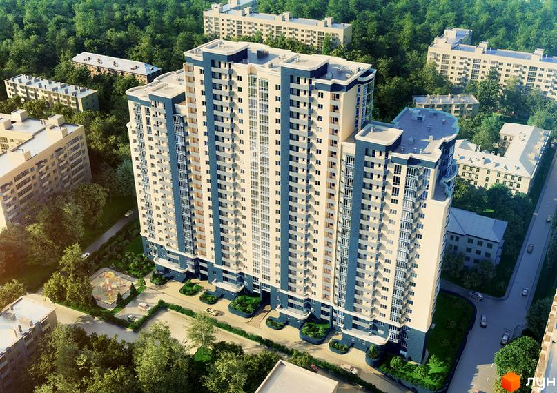 Зображення багатоповерхового будинку в Житловому комплексі Старокиївський. Вигляд з висоти пташиного польоту на будівлю та дитячий майданчик.