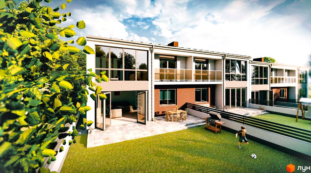 Таунхауси Family House з великими вікнами та балконами, огороджена прибудинкова територія з газоном та дитиною, що грає у футбол.