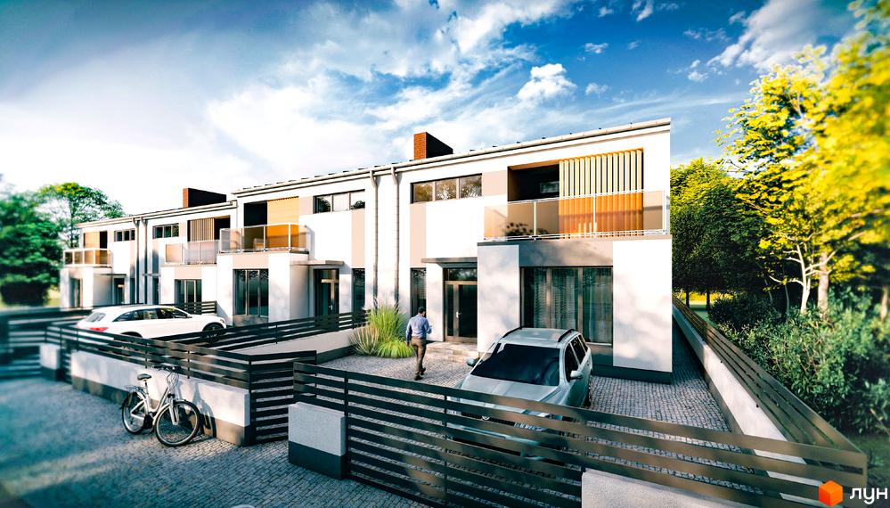 Ряд білих таунхаусів „Family House“ з темними вікнами та балконами, перед якими облаштовані паркувальні місця та зелені насадження.