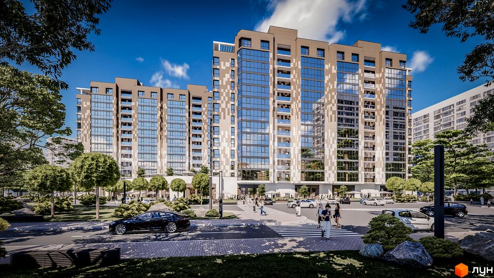 Житловий комплекс Comfort City Рибінський – це сучасна новобудова з великою кількістю скління та балконів. Прибудинкова територія озеленена деревами та кущами, облаштована місцями для відпочинку.