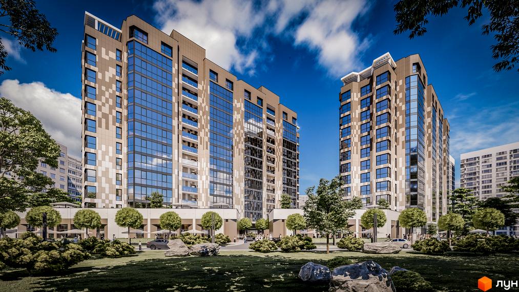 Житловий комплекс Comfort City Рибінський: двосекційна новобудова з панорамним склінням та бежевим фасадом. Прибудинкова територія з зеленими насадженнями та зонами відпочинку.