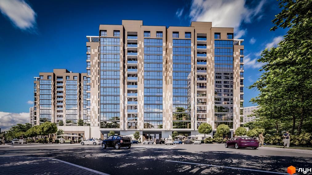 Новобудова Comfort City Рибінський з великою кількістю скляних фасадів та балконів. Територія навколо будинку озеленена деревами, біля дороги припарковані автомобілі.