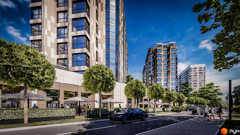 Житловий комплекс Comfort City Рибінський - це сучасна новобудова з елегантним фасадом та великими вікнами. Навколо комплексу розташовані зелені зони та місця для відпочинку.