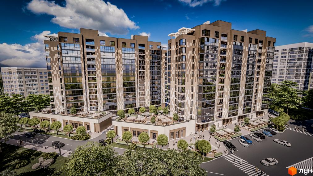 Комплекс Comfort City Рибінський: висотні будинки з панорамним склінням та терасами. На прибудинковій території розташовані зони відпочинку, дерева та парковка.