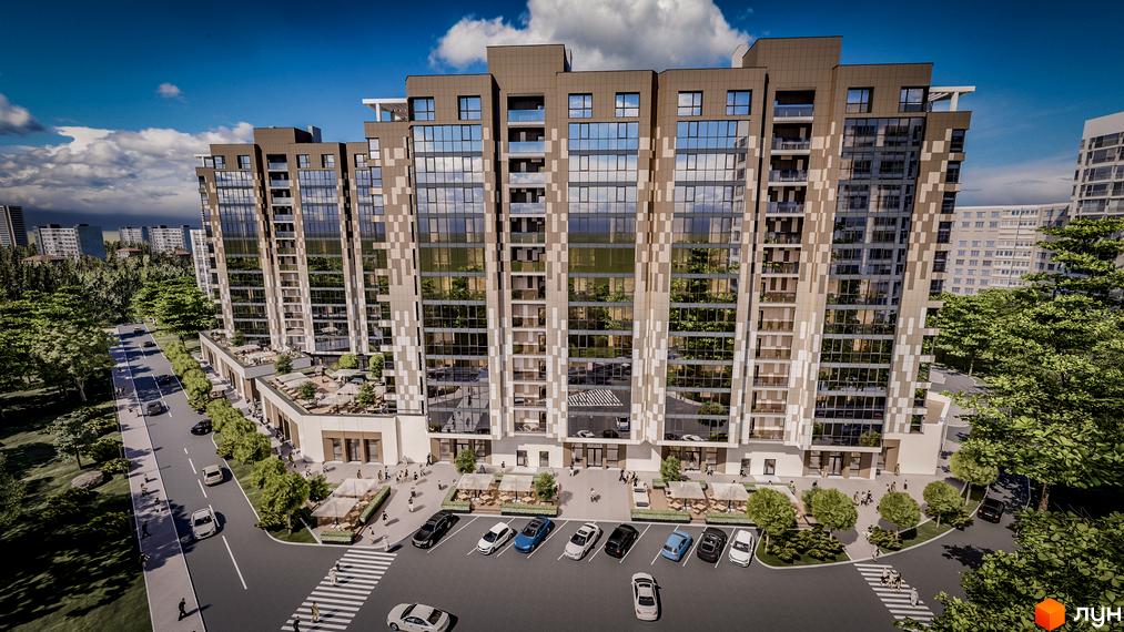 Зовнішній вигляд житлового комплексу Comfort City Рибінський з багатою зеленою прибудинковою територією та парковкою. Сучасна архітектура новобудови з панорамними вікнами.