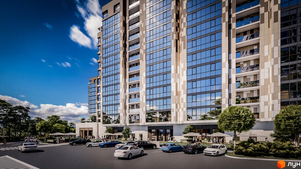 Житловий комплекс Comfort City Рибінський - сучасна новобудова з панорамним склінням та просторим паркінгом. Навколо будинку зелені насадження та місця для відпочинку.