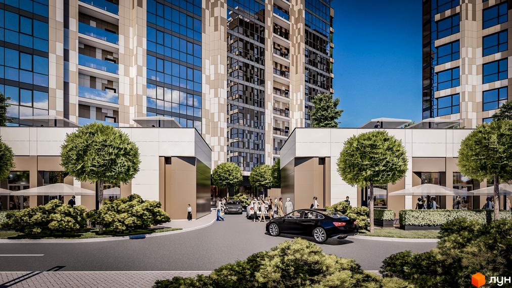 Житловий комплекс Comfort City Рибінський. Сучасна новобудова з панорамними вікнами та доглянутою прибудинковою територією з деревами та зонами відпочинку.