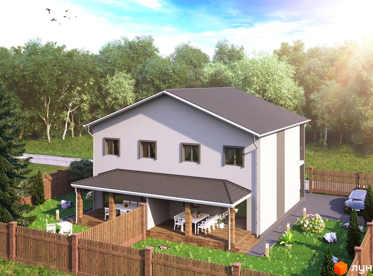 Дуплекси „На Ранковій“: двоповерховий дуплекс з сірим дахом та світлими фасадами, прибудинкова територія з зеленим газоном, терасою та парковкою.