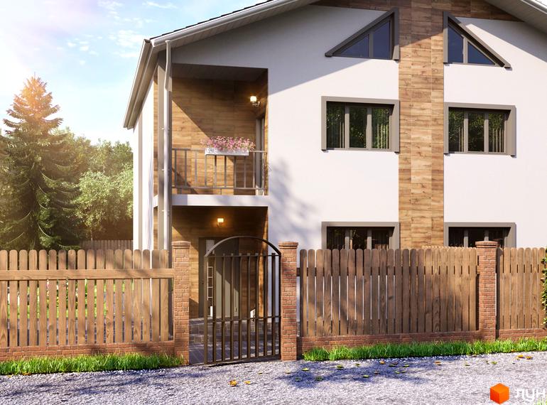 Дуплекси „На Ранковій“: двоповерховий будинок з білими фасадами та дерев'яними вставками, балконом. Прибудинкова територія має дерев'яний паркан та металеву браму.