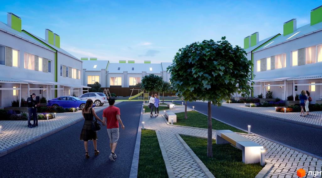 Таунхауси Apple House: світлі будинки з зеленими акцентами, доглянута територія з пішохідними доріжками, деревами, освітленням та дитячим майданчиком.