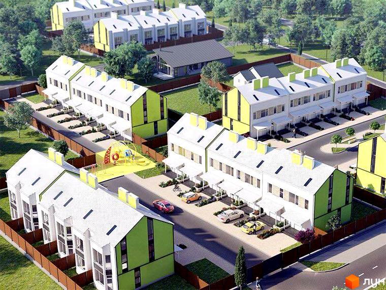 Таунхауси „Apple House“: білі будинки з зеленими акцентами та скатними дахами, оточені дорогами, парковками, дитячим майданчиком та деревами.