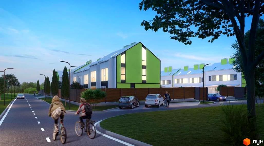 Apple House – новий житловий комплекс з таунхаусами, що має зелені фасади та сучасний дизайн. Територія комплексу облаштована велосипедними доріжками та місцями для паркування.