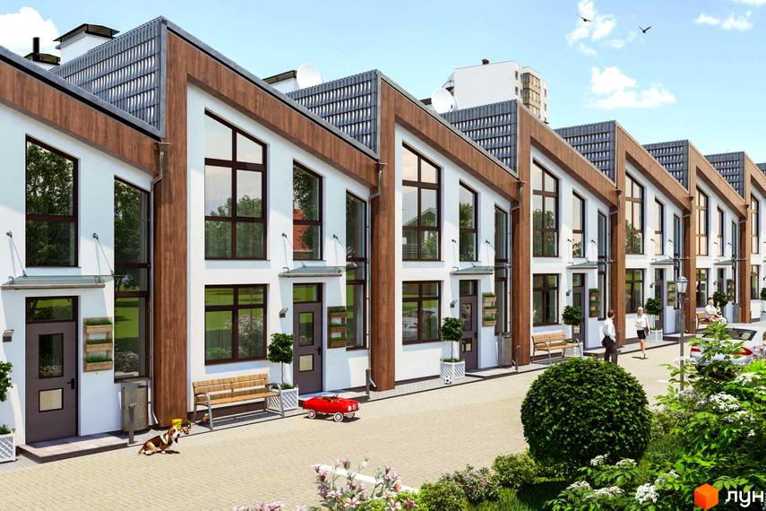 Таунхауси Apple House з великими вікнами та дерев'яними елементами фасаду. Прибудинкова територія з лавками, зеленими насадженнями та дитячим електромобілем.