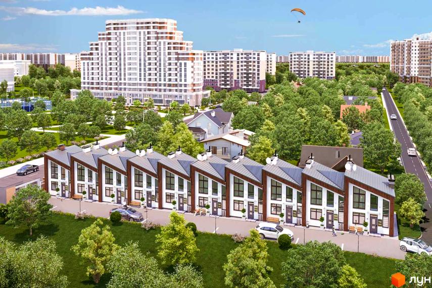 Ряд таунхаусів Apple House з білими фасадами, похилими дахами та великими вікнами, оточений зеленими деревами.