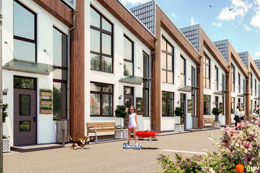 Зовнішній вигляд таунхаусів Apple House з великими вікнами та дерев'яними елементами фасаду. На прибудинковій території видно дитину на гіроскутері та собаку.