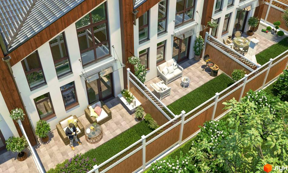 Таунхауси Apple House з білими фасадами, великими вікнами та коричневими рамами. Прибудинкова територія має мощені патіо, зелені газони та огорожі.