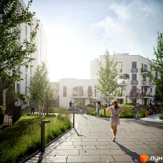 Житловий комплекс Малоголосківські пагорби: білі багатоквартирні будинки з балконами та зелена прибудинкова територія з доріжками та людьми.