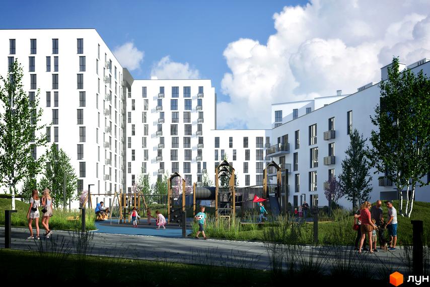 Новобудова ЖК Малоголосківські пагорби з білими фасадами та балконами. Прибудинкова територія з дитячим майданчиком та зеленими зонами.