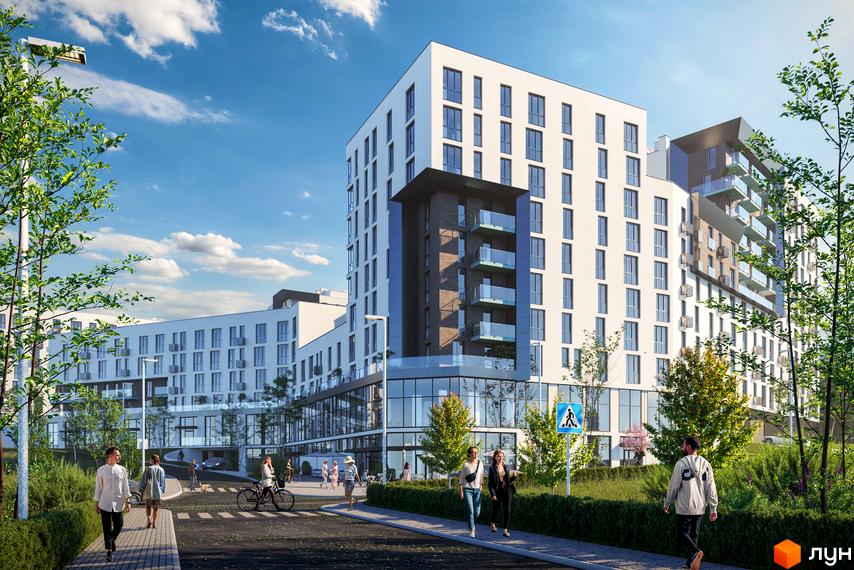 Житловий комплекс Малоголосківські пагорби. Сучасна архітектура новобудови з білими фасадами, скляними балконами та зеленою прибудинковою територією.