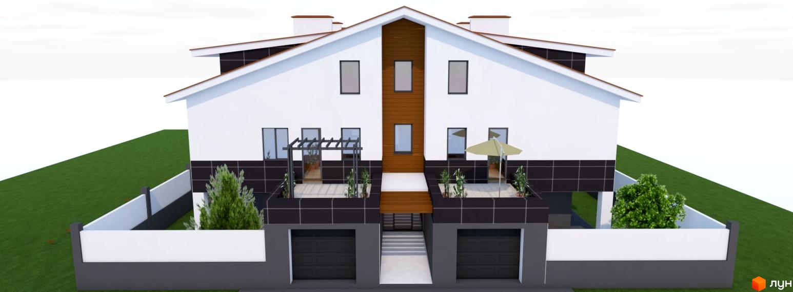 Зображення двоповерхового будинку за адресою вул. Богдана Хмельницького, 24, з білим верхнім і темним нижнім фасадом, двома гаражами та терасами. Навколо будинку зелені газони.