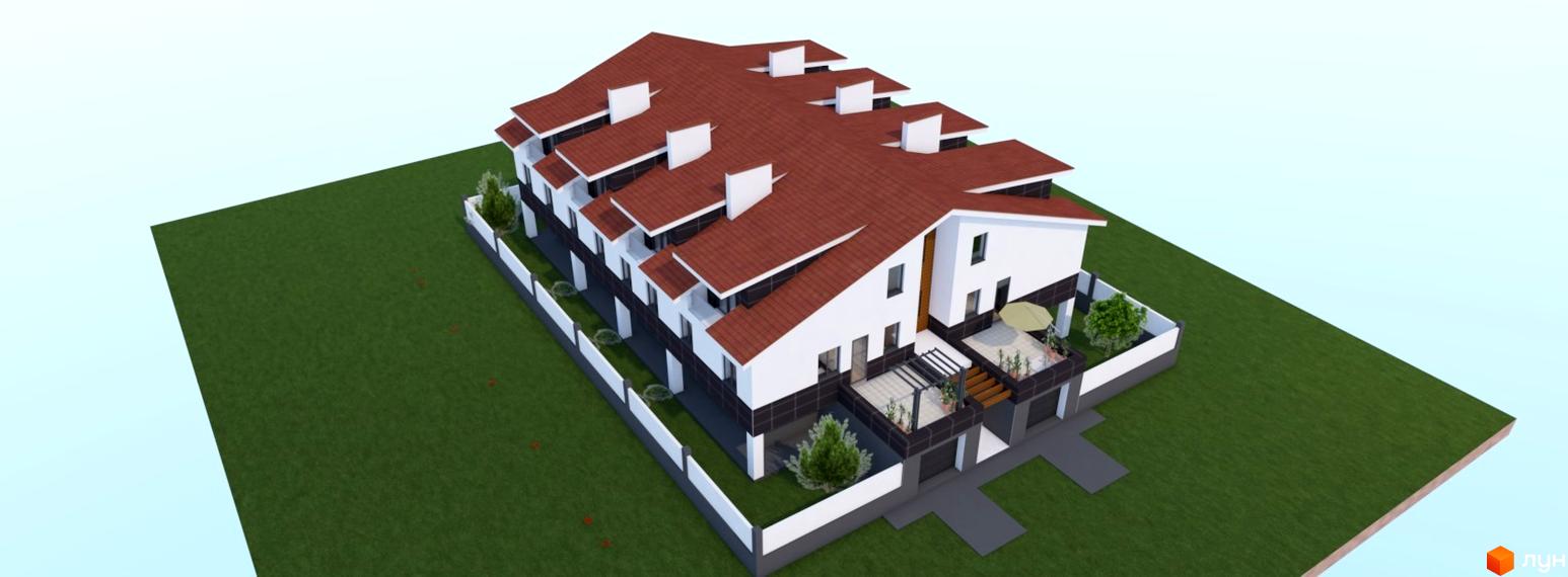 Зовнішній вигляд триповерхового будинку з червоним дахом та білими стінами. Прибудинкова територія з зеленим газоном та парканом.