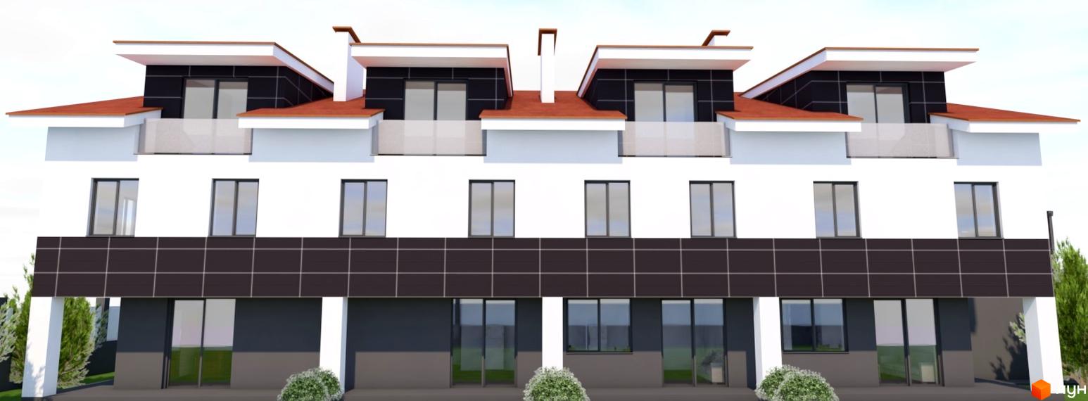 Фасад Житлового комплексу на вул. Богдана Хмельницького, 24 з білими та темними панелями, балконами та великими вікнами. Перед будинком зелені насадження.