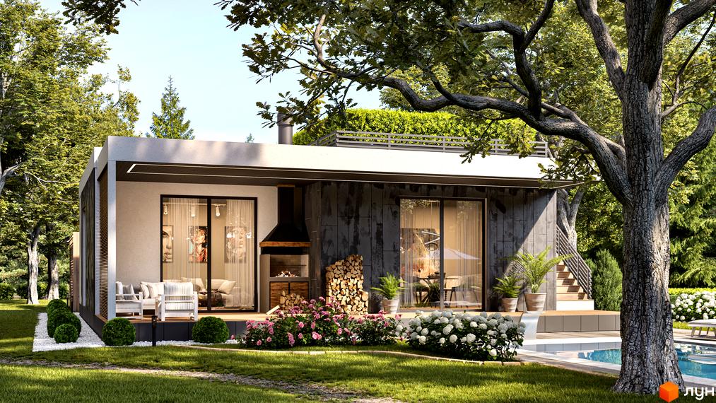 Котеджне містечко Нова Конча-Заспа CRYSTAL: одноповерховий будинок з великими вікнами, терасою, зоною барбекю та басейном. Навколо будинку доглянутий сад з квітами та деревами.