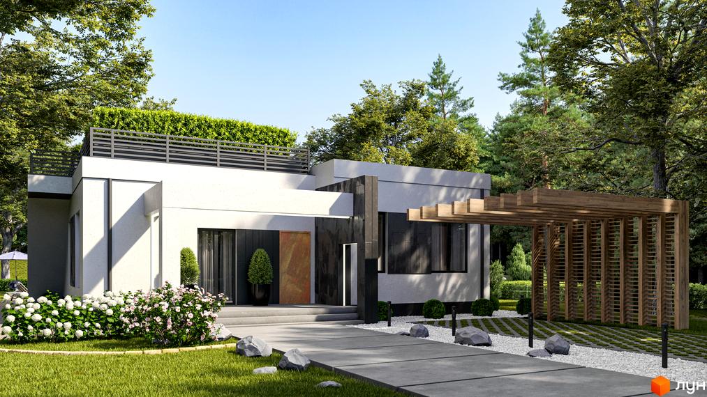 Котеджне містечко Нова Конча-Заспа CRYSTAL: одноповерховий будинок з пласким дахом, терасою та дерев'яною перголою. Прибудинкова територія з газоном, квітами та бетонною доріжкою.