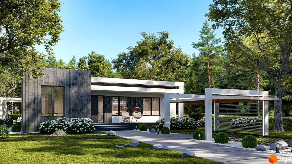 Котеджне містечко Нова Конча-Заспа CRYSTAL: одноповерховий будинок з сірим фасадом та навісом, оточений зеленню та доглянутою територією.