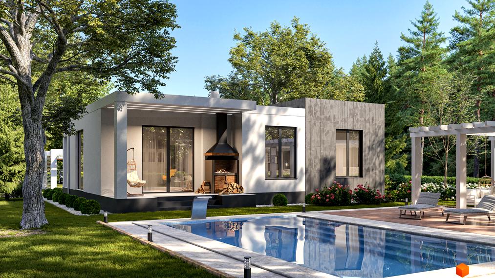 Зображення будинку в Котеджному містечку Нова Конча-Заспа CRYSTAL з басейном та зоною відпочинку. Навколо зелені дерева та газон.