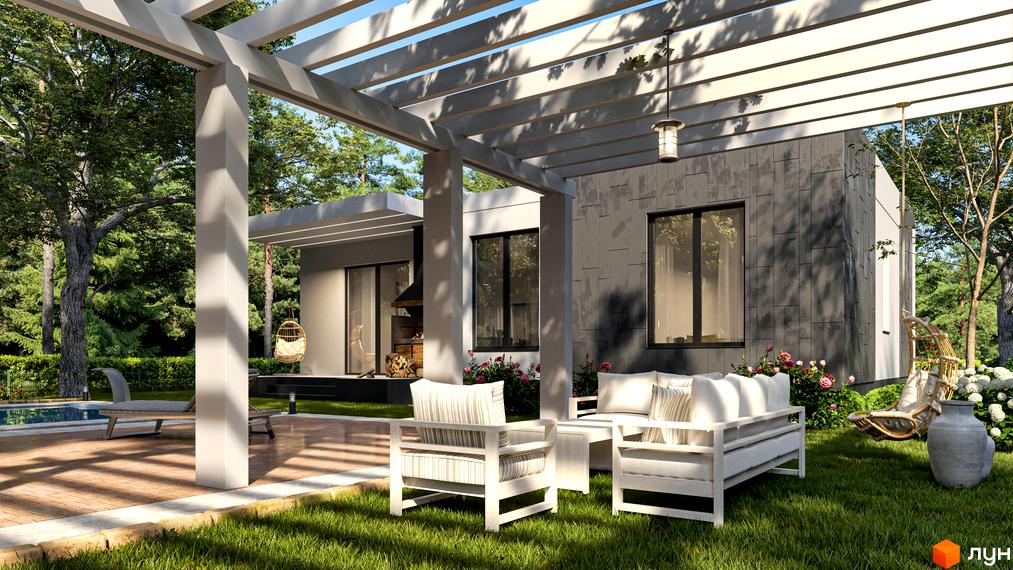 Вигляд будинку в Котеджному містечку Нова Конча-Заспа CRYSTAL з терасою та зоною відпочинку. Навколо зелений газон і дерева.