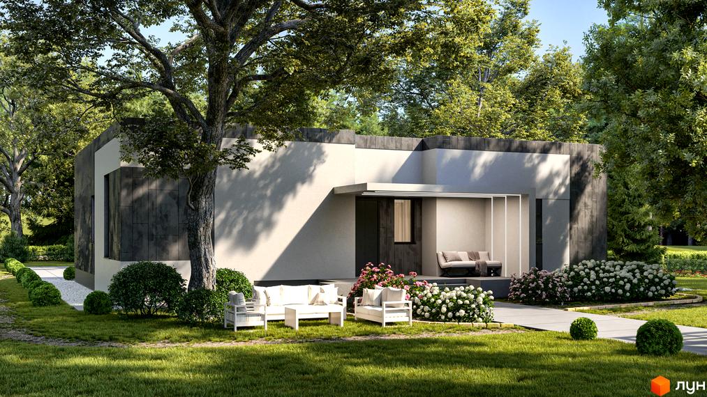 Зображення будинку в Котеджному містечку Нова Конча-Заспа CRYSTAL. На передньому плані зелений газон та лаунж зона.