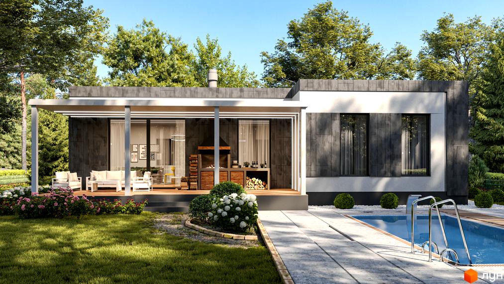 Зображення будинку в Котеджному містечку Нова Конча-Заспа CRYSTAL з басейном та зоною відпочинку. Навколо зелені дерева та газон.