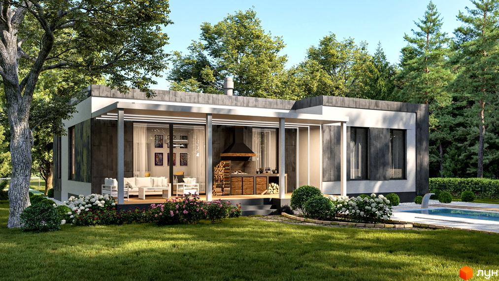 Вигляд будинку в Котеджному містечку Нова Конча-Заспа CRYSTAL з терасою та зоною барбекю. Навколо зелений газон та декоративні рослини.