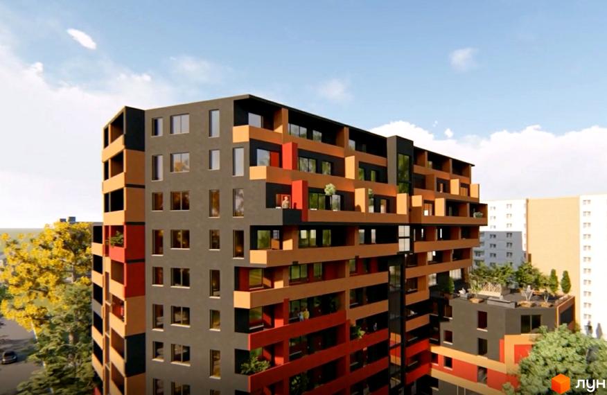 Житловий комплекс Сад на Круглій - це багатоповерхова новобудова з балконами та вікнами, розташована поруч із зеленими деревами.